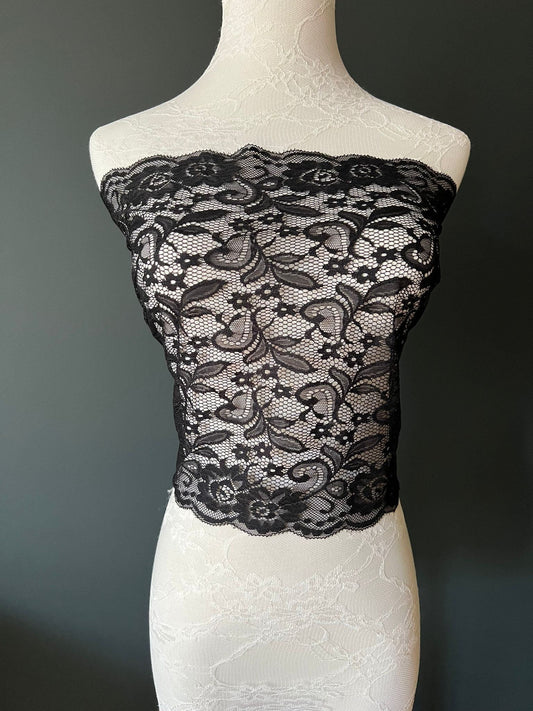 Black Floral Stretch Lace Trim, 12.5" 32 cm Wide, Sewing Lace