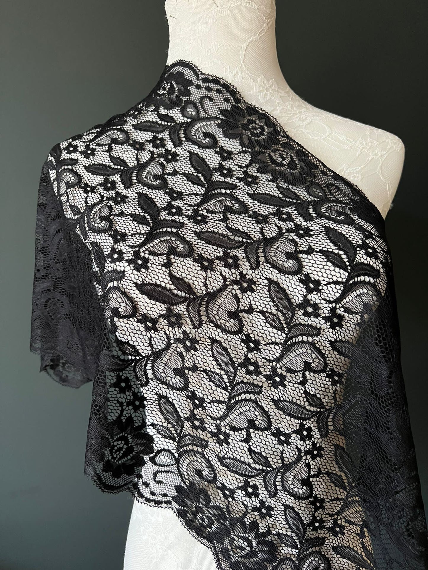 Black Floral Stretch Lace Trim, 12.5" 32 cm Wide, Sewing Lace