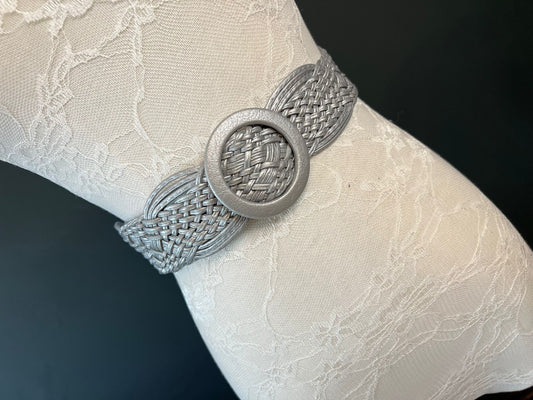X-Long Belt, Plaited Belt, Hand Made Silver Grey Slider Belt. 4cm Wide Faux Leather, UK Size 10-18
