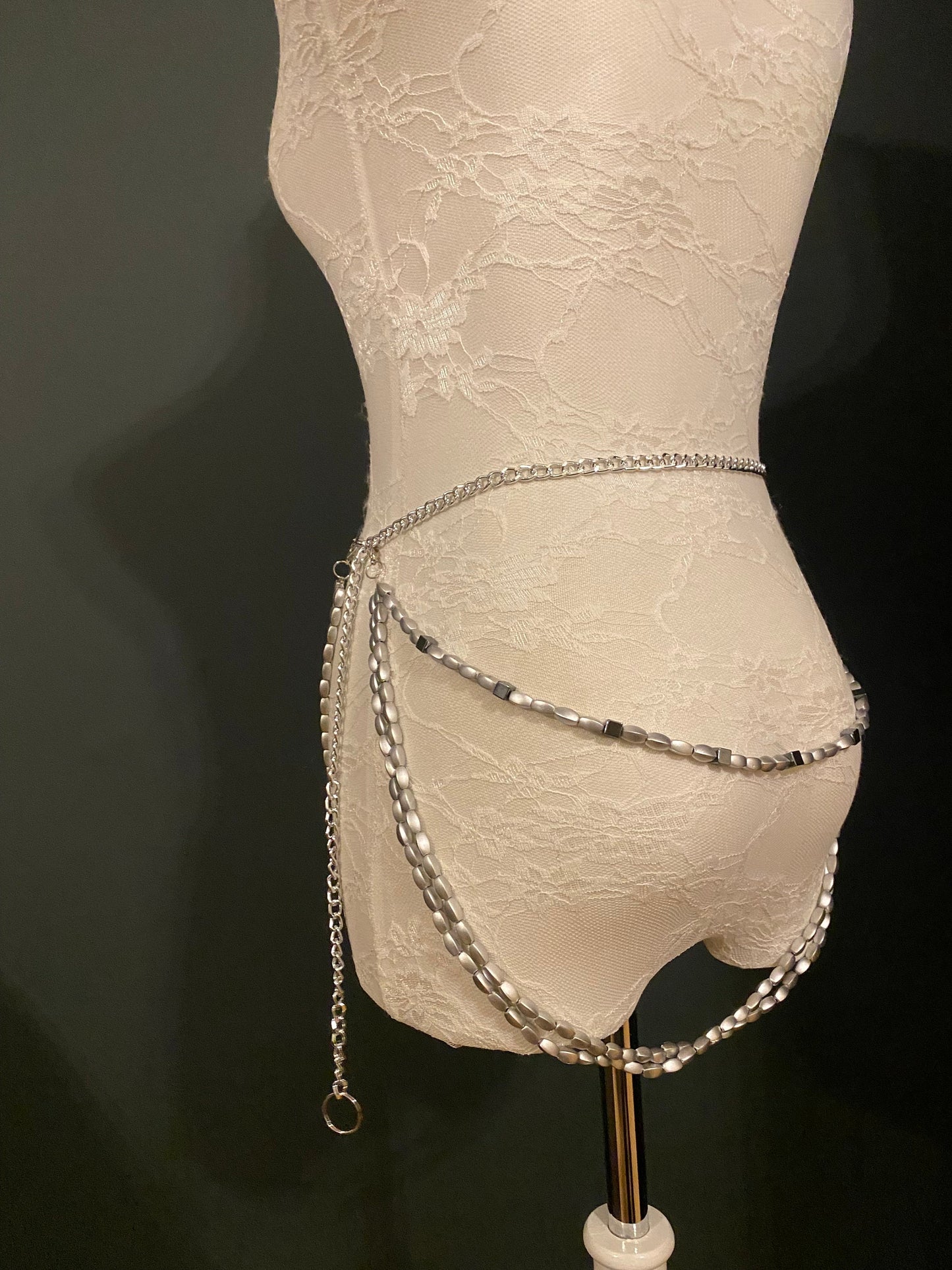 X-long Layered Bead Chain Belt, Fashion Bead Belt, Festival, Silver, Teen Sizes, Plus Sizes, 18”-60”
