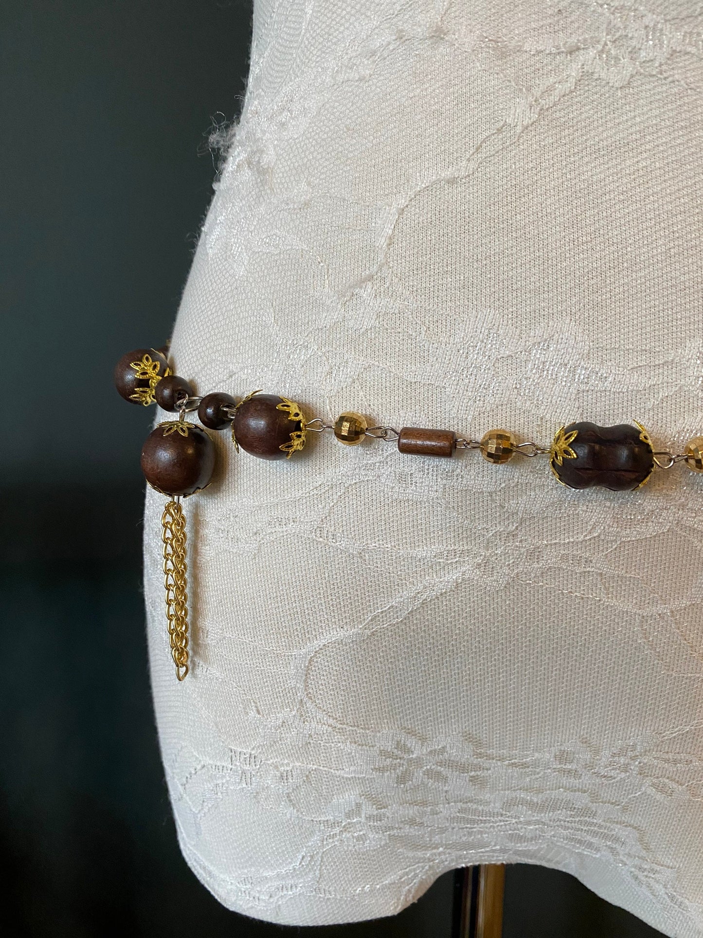 X-long Belt, Boho Style Bead Belt, Gold Brown Wood Bead Belt, Light weight, Chain Fringe Belt, UK Size 2-38