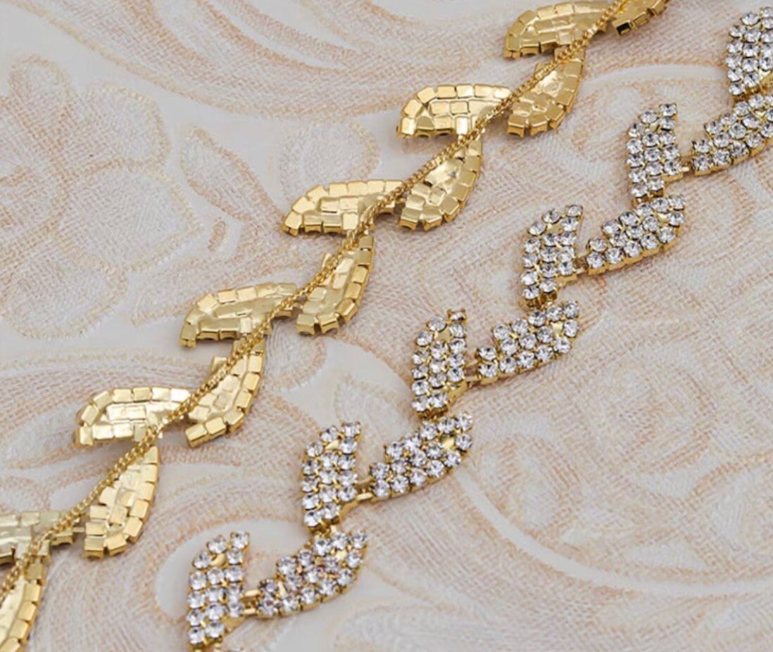 Rhinestone Leaf, Silver, Gold Chain Trim Wedding Dress Belt Bridal Applique