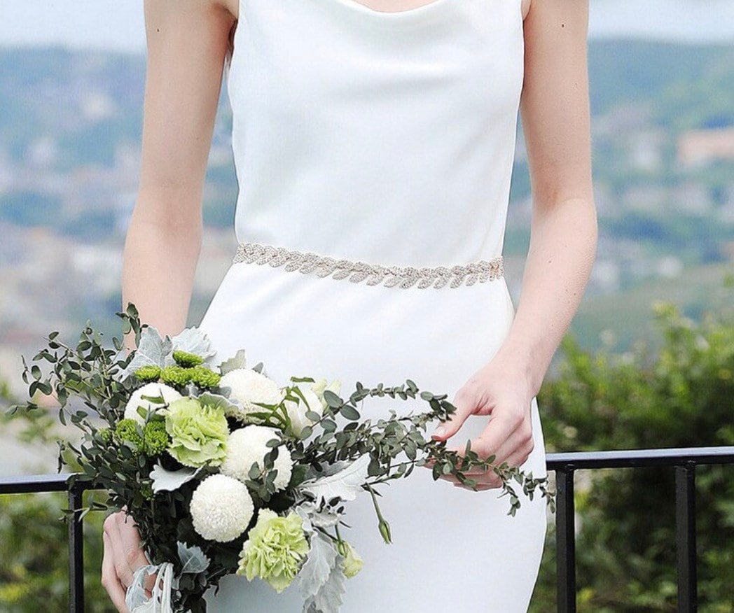 Rhinestone Leaf, Silver, Gold Chain Trim Wedding Dress Belt Bridal Applique