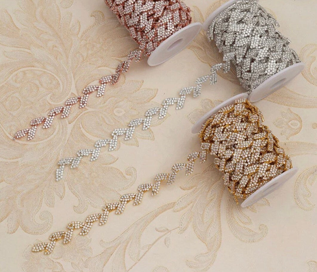 Rhinestone Leaf, Silver, Gold Chain Trim Wedding Dress Belt Bridal Applique
