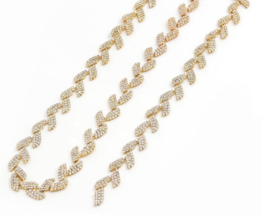Rhinestone Leaf, Silver, Gold Chain Trim Wedding Dress Belt Bridal Applique