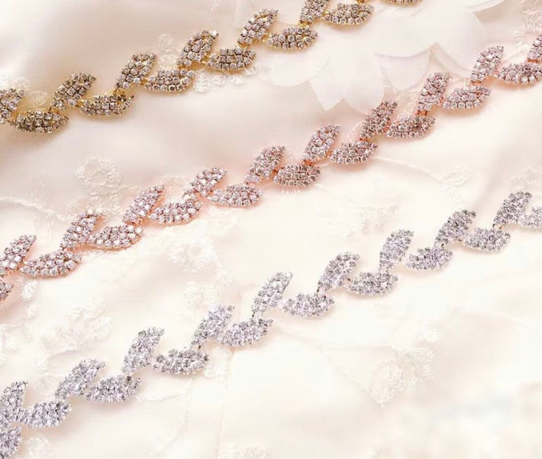 Rhinestone Leaf, Silver, Gold Chain Trim Wedding Dress Belt Bridal Applique