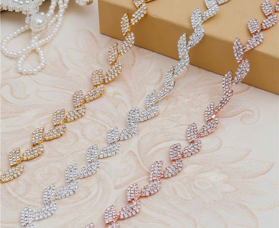 Rhinestone Leaf, Silver, Gold Chain Trim Wedding Dress Belt Bridal Applique
