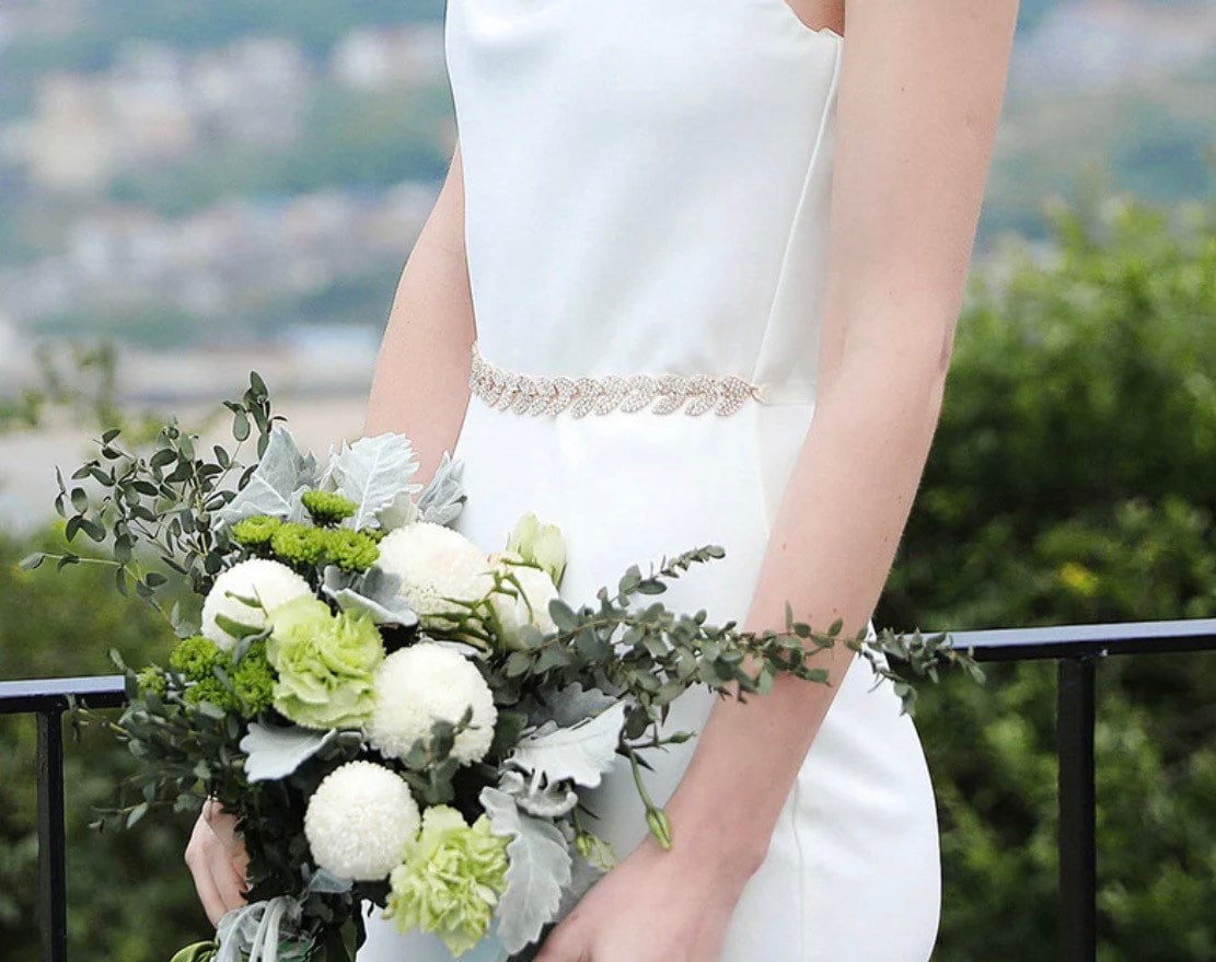 Rhinestone Leaf, Silver, Gold Chain Trim Wedding Dress Belt Bridal Applique