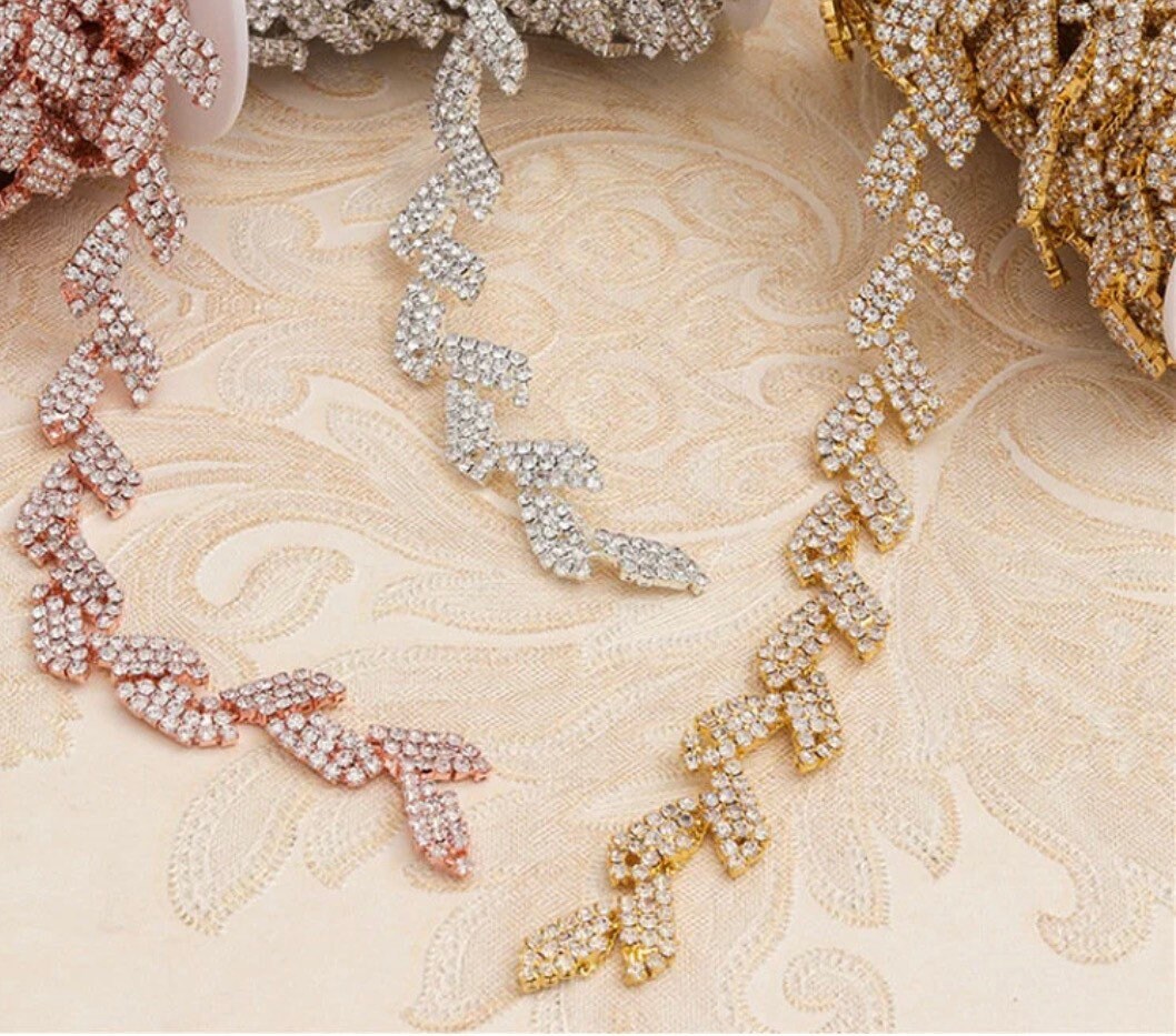 Rhinestone Leaf, Silver, Gold Chain Trim Wedding Dress Belt Bridal Applique