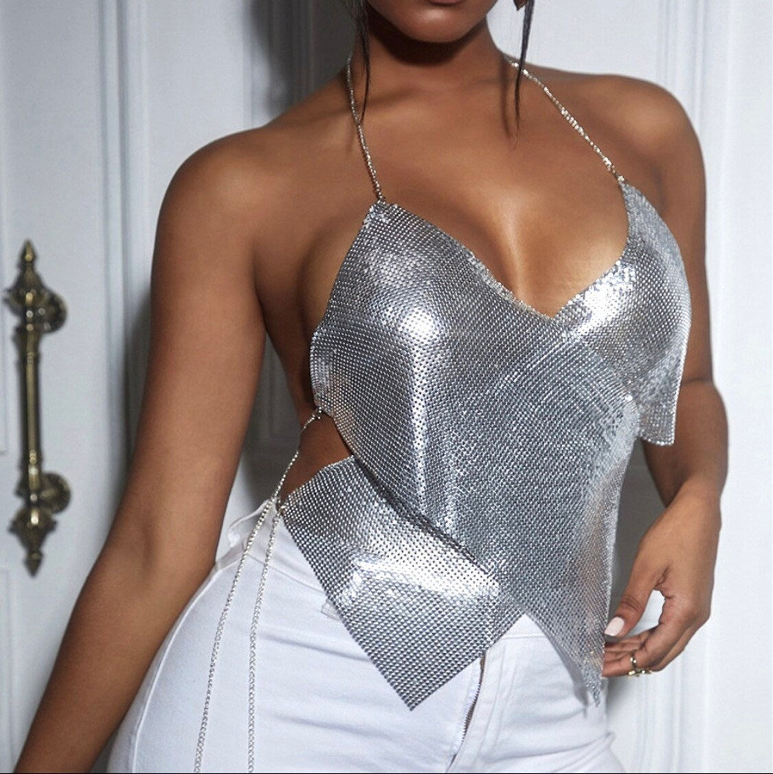 Chainmail Top, Party Club Tank Top, Chainmail Sleeveless Backless Sequins, Halter Neck Sexy, Silver, Gold, Small, Medium, Large,Size 6-16