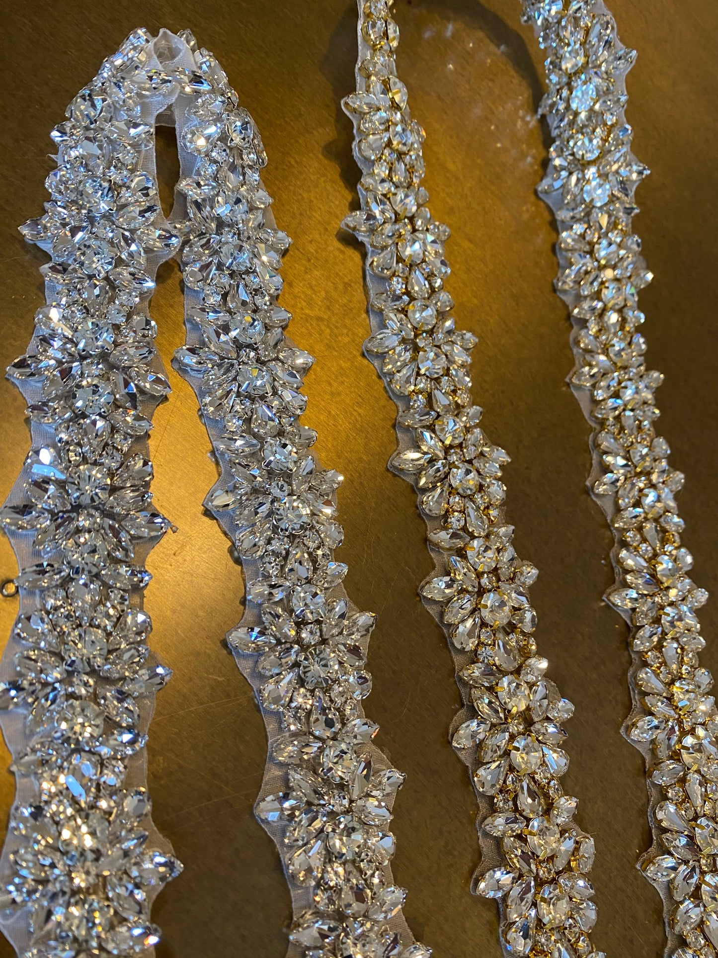 Rhinestone Diamante Chain Trim, Bridal Dress Appliqué, Gold or Silver