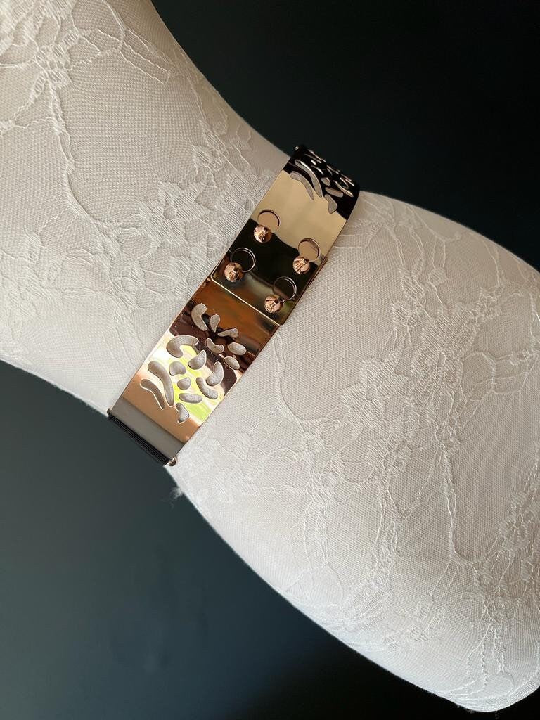 Gold Metal Cutout Belt, Elegant Elastic Fashion Accessory (UK 8-16)