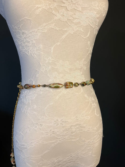 X-Long Belt, Marble Beads Belt, Antique Brass Chain Belt, Boho belt, Brown Wood Beads, Marble Beads, Brass Beads, Fashion Belt, Vintage