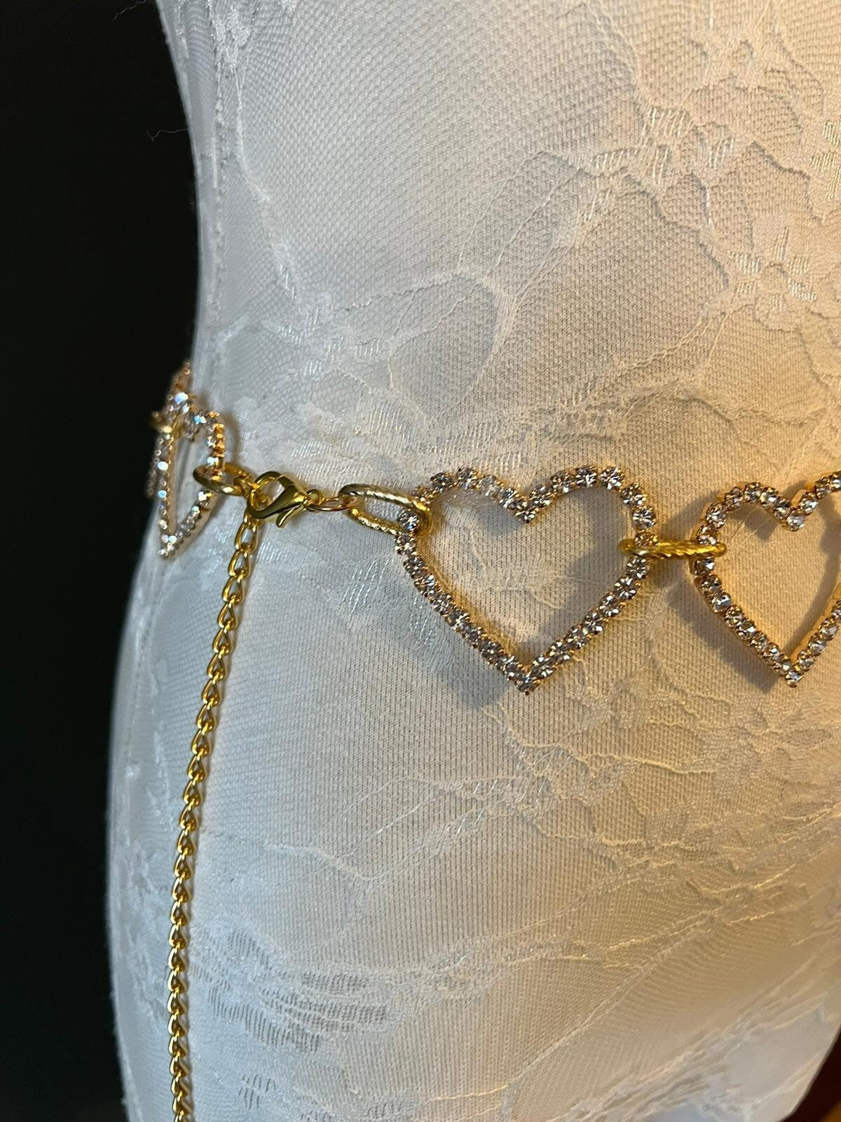 X-long Belt, Rhinestone heart belt, Diamanté Belt, Fashion, Hearts, Gold Hearts, Bridal, UK Size 2-34, 2” Hearts