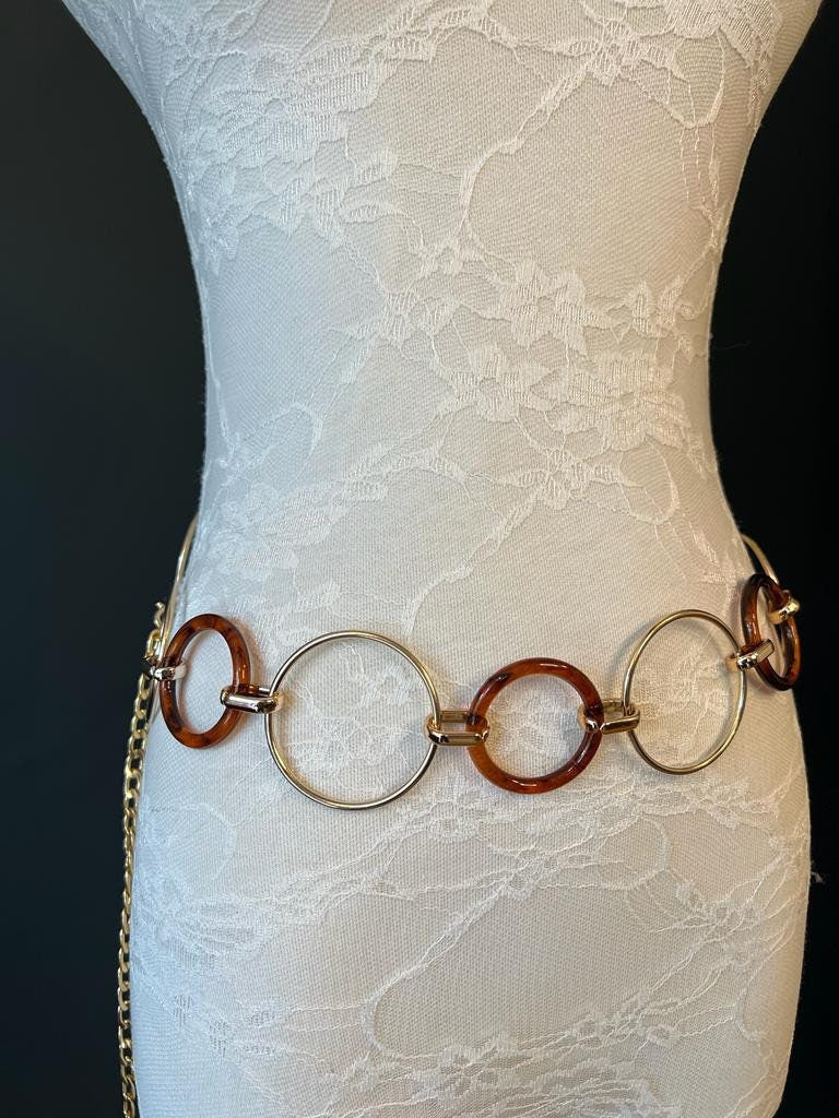 Gold Ring Chain Belt, Tortoiseshell Accent, Sizes 18" to 60"