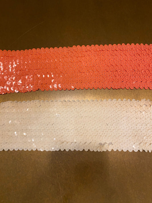 Coral Pink & Ivory Cream Stretch Sequins Band, 3" Wide