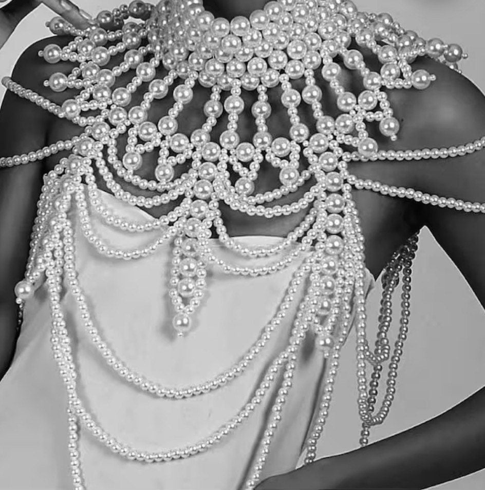 Pearl Body Chain Bra - Fashion Shoulder Necklaces Bra - Chain Body Jewellery, Statement Pearl Necklace