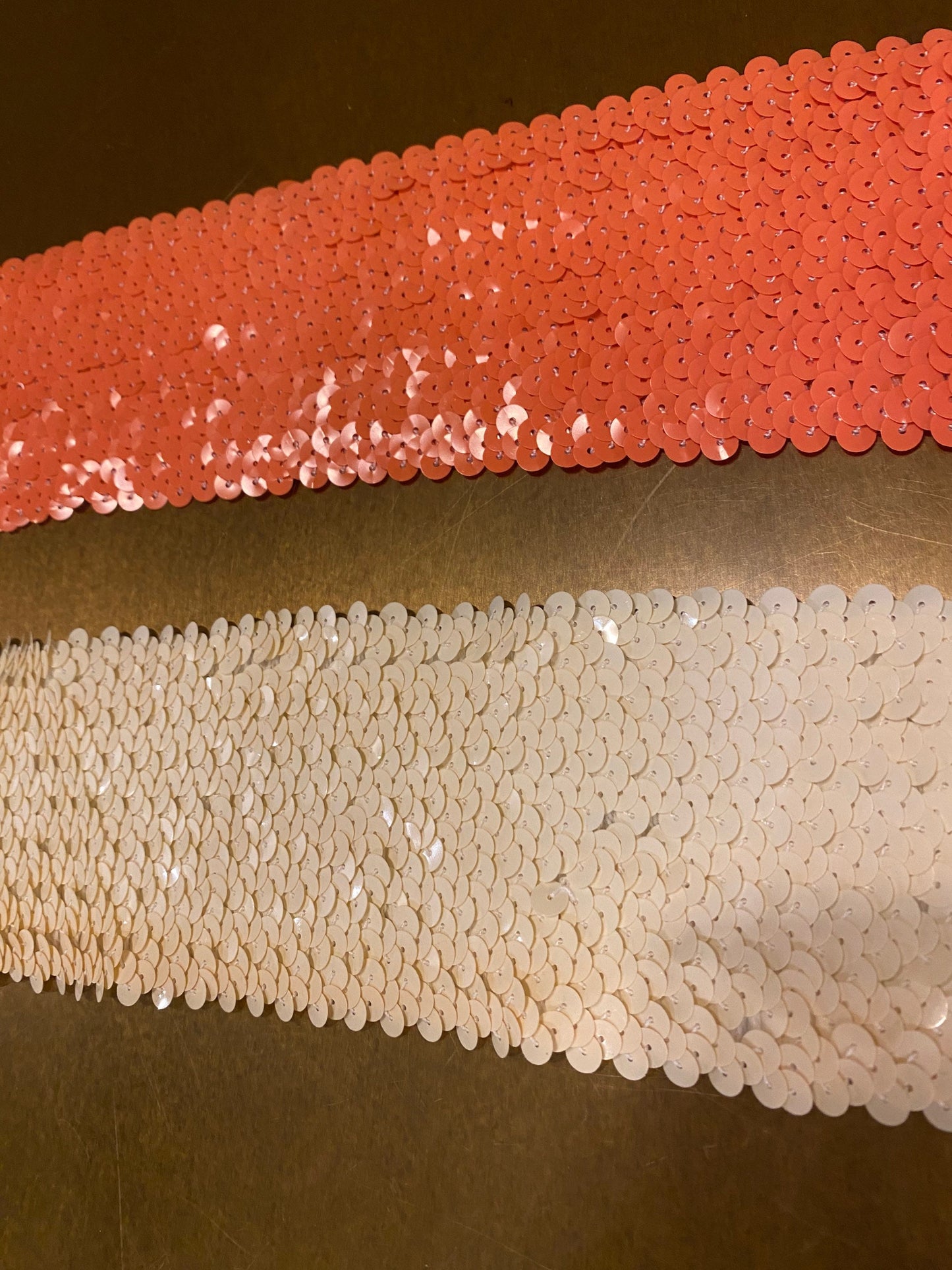 Coral Pink & Ivory Cream Stretch Sequins Band, 3" Wide