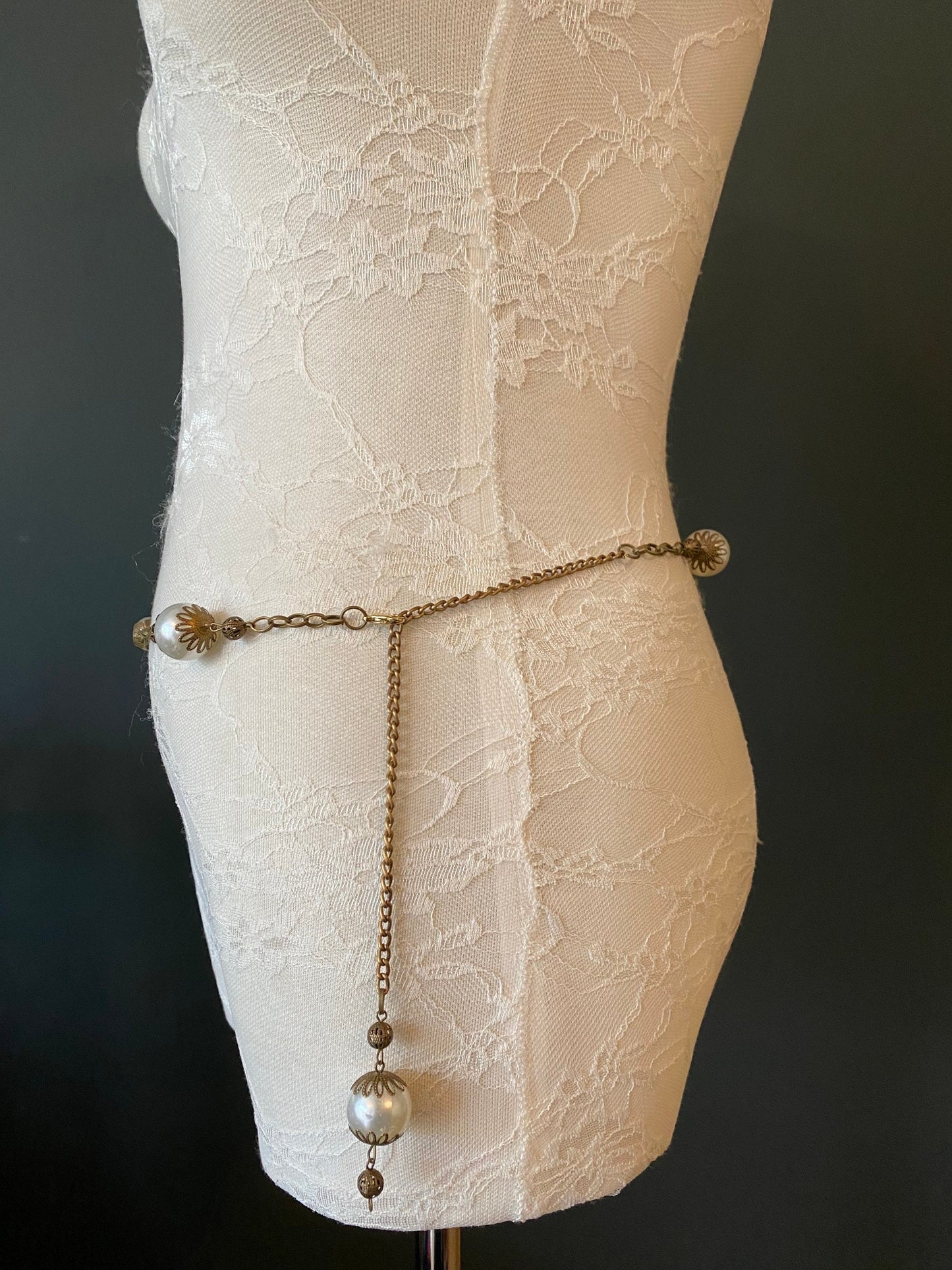 X-long Belt, Pearl bead belt, Vintage style belt, Antique brass chain, UK size 2-36