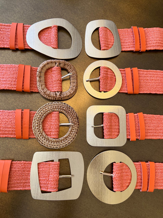 Coral Orange Boho Raffia Elasticated Belts, Fashionable Vintage Belts, Natural Raffia Belts, UK 6-20 Eco Friendly Belts 8 Buckles 15 Colours