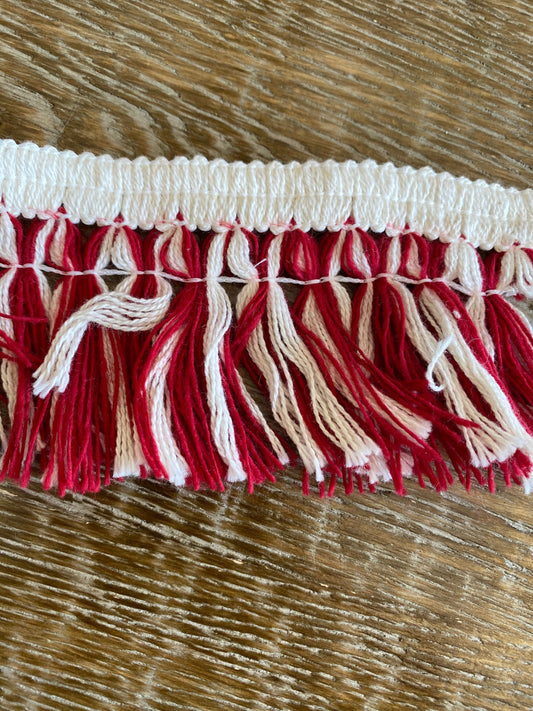 Red and Ivory Knitted Fringe Tassel Trim, 2.5" Wide