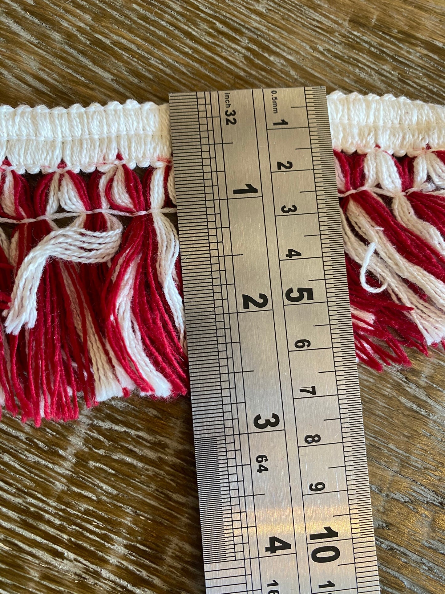 Red and Ivory Knitted Fringe Tassel Trim, 2.5" Wide