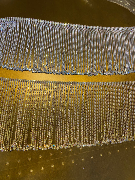 Iridescent Rhinestone Fringe Trim, Silver or Gold, 14cm Wide