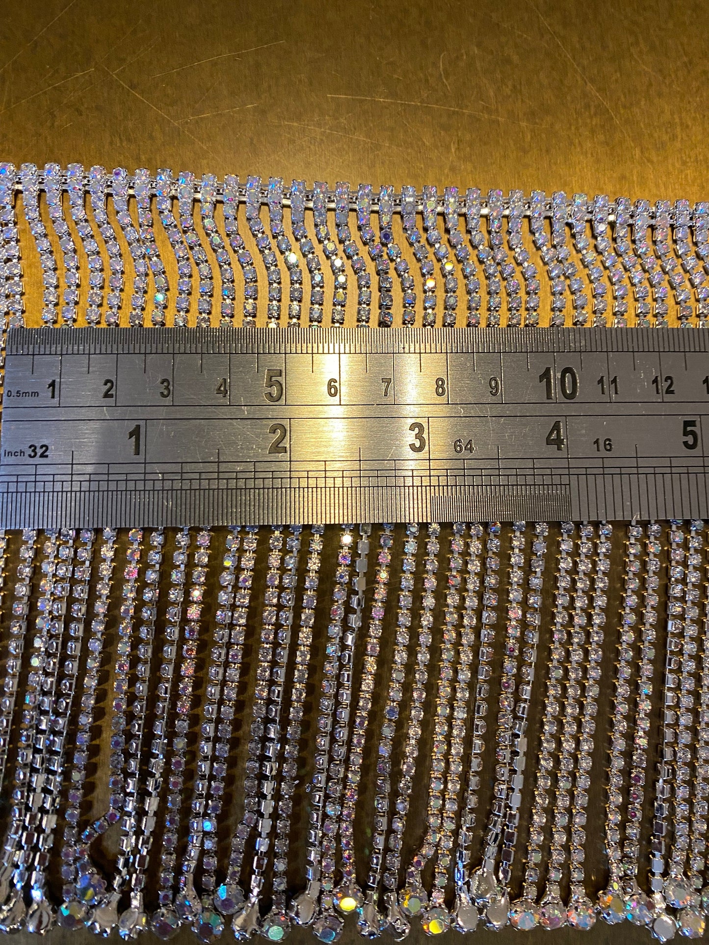 Iridescent Rhinestone Fringe Trim, Silver or Gold, 14cm Wide