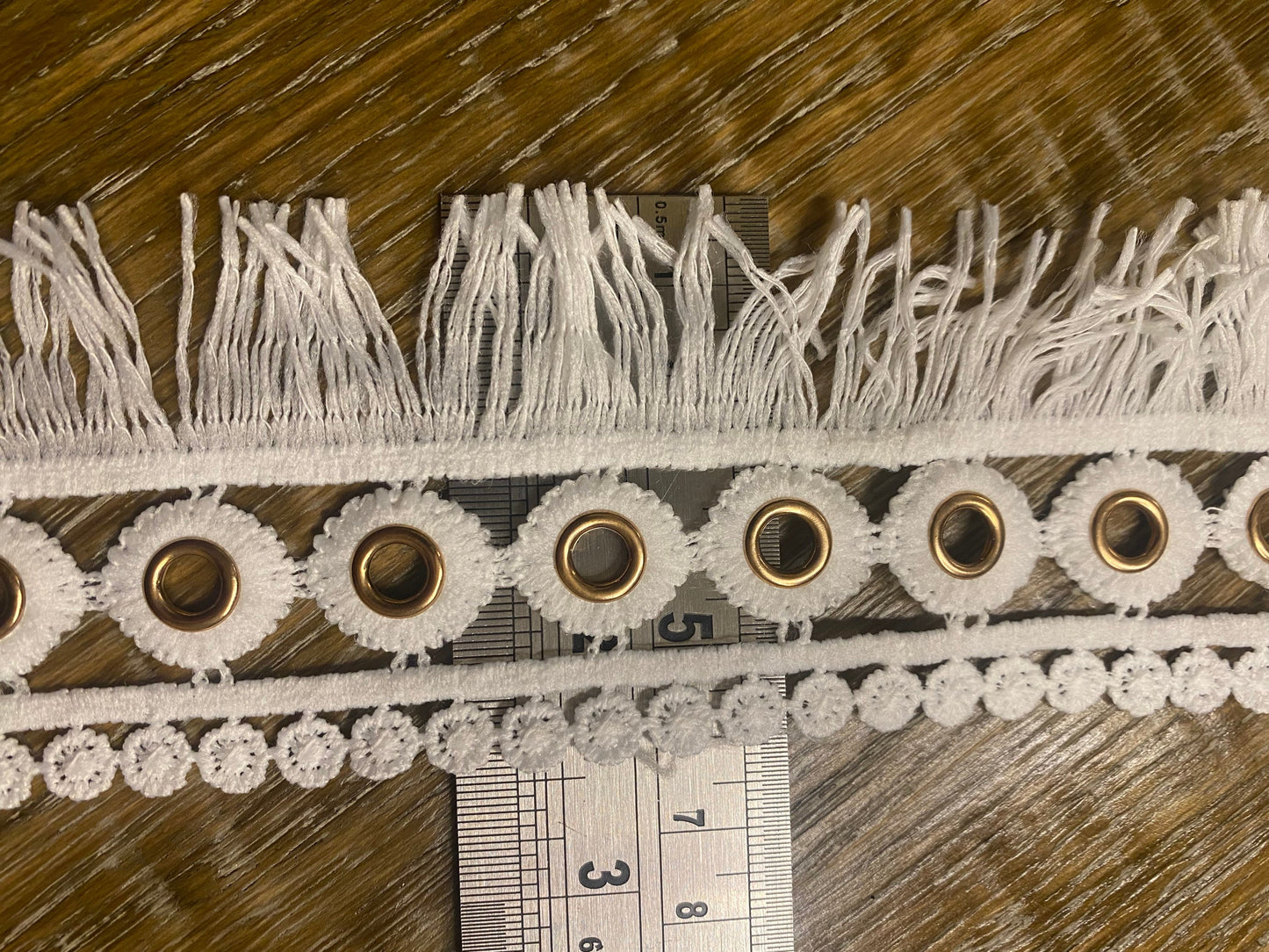 Ivory Fringe Lace Trim with Gold Eyelets (6cm Wide)