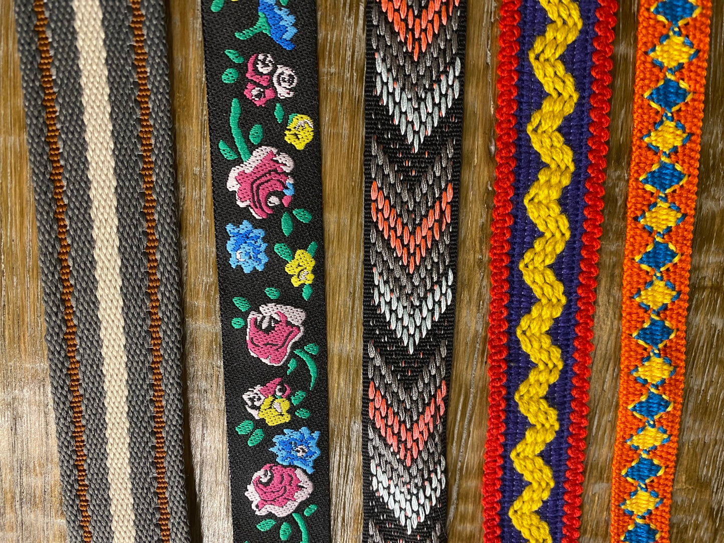 Woven tapes, floral tape, stripes, patterned, 1.8cm - 2.8cm, clothing, bags, crafts