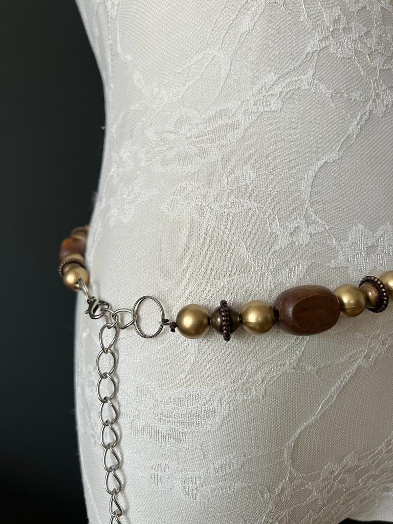 X-Long, Boho Beaded Belt, Brown Wood Beads, Matt Gold Beads, Ring Belt, Fashion Belt, Vintage Belt, Plus Sizes, Body chain, UK 4-32