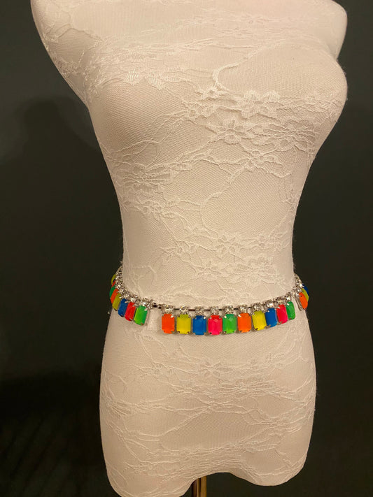 X-long chain belt, Neon Belt, Florescent Jewel Chain shelf, Festival, Costume, Shows, Fashion Chain Belt