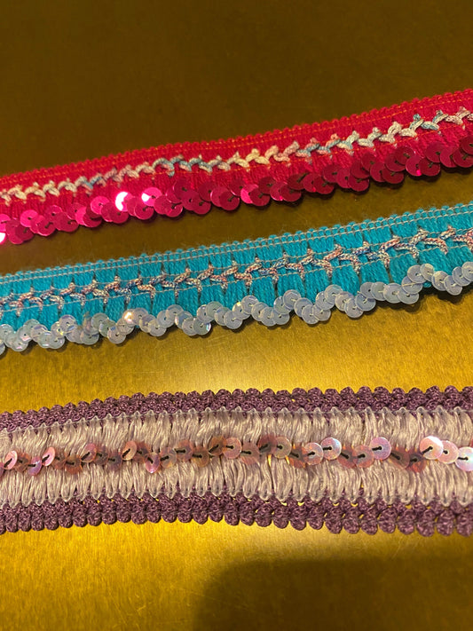 Cerise, Turquoise, Lilac Sequins Trimming, Woven Base