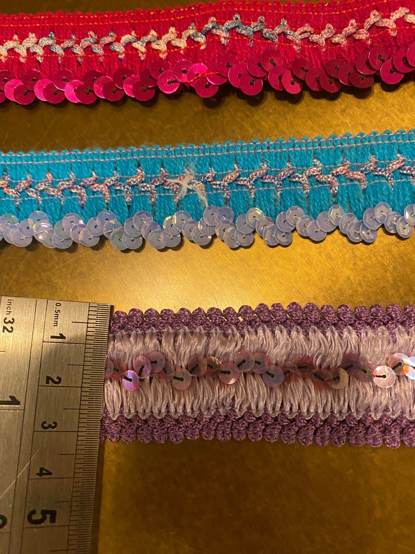 Sequins Trimming, Elasticated Sequins, Rigid Sequins, Woven Base, Cerise, Turquoise, Lilac