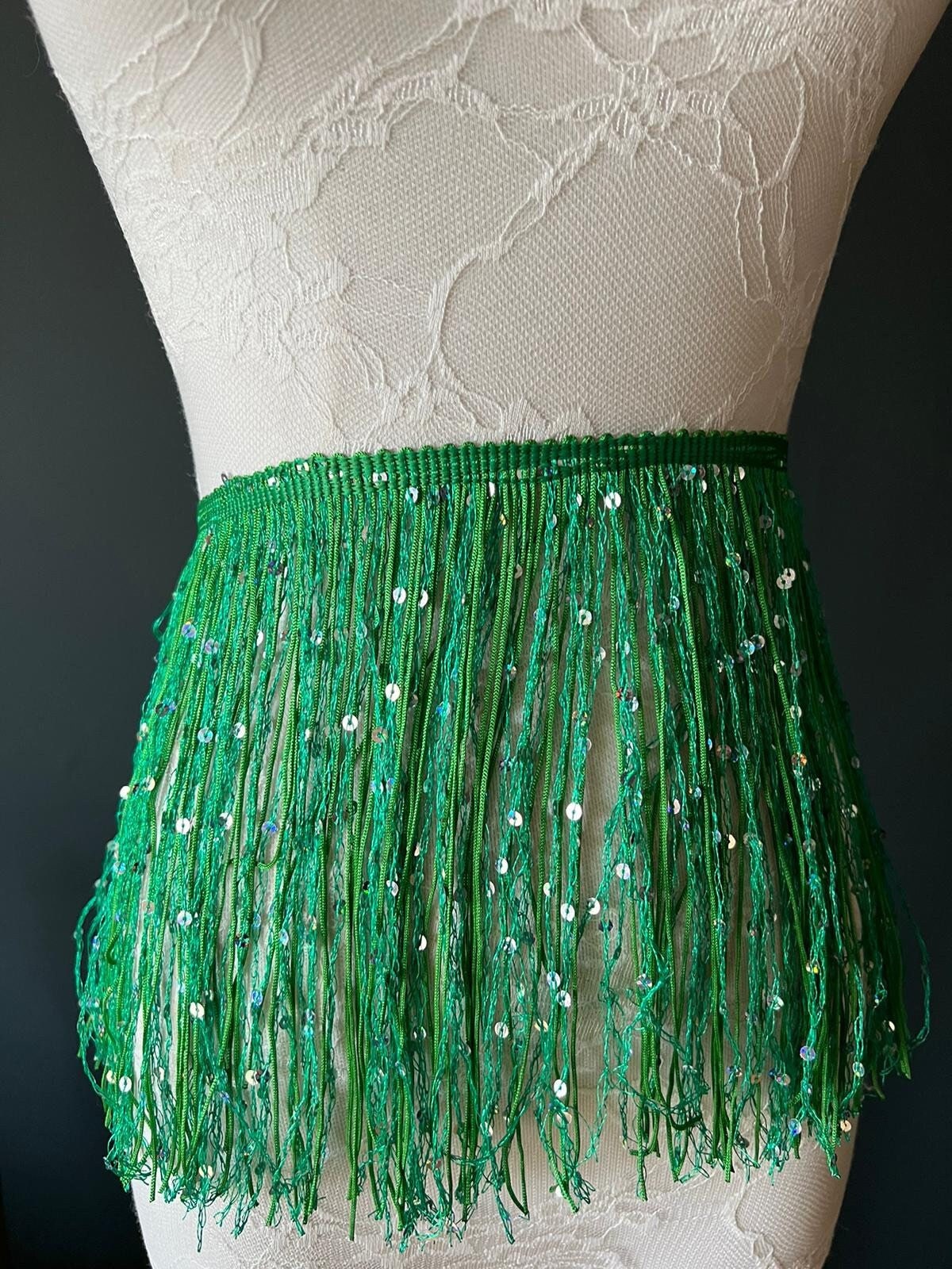 Fringe, Fringe With Sequins, Sequinned, Sequin Fringe, Dance, Costumes, Fashion, Party, Dress Fringe, 20cm, 8 inch, 8 Colours, Green