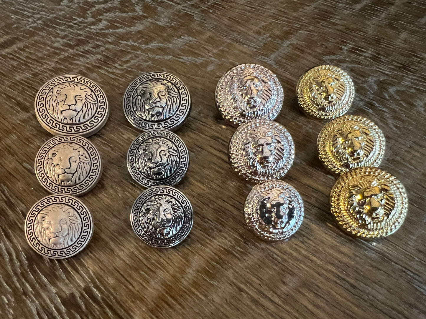 6pcs, Lion Head Buttons, Plastic, Metal, 25mm, 21mm, 18mm, Gold, Antique Silver, Champagne, Lion head shank buttons