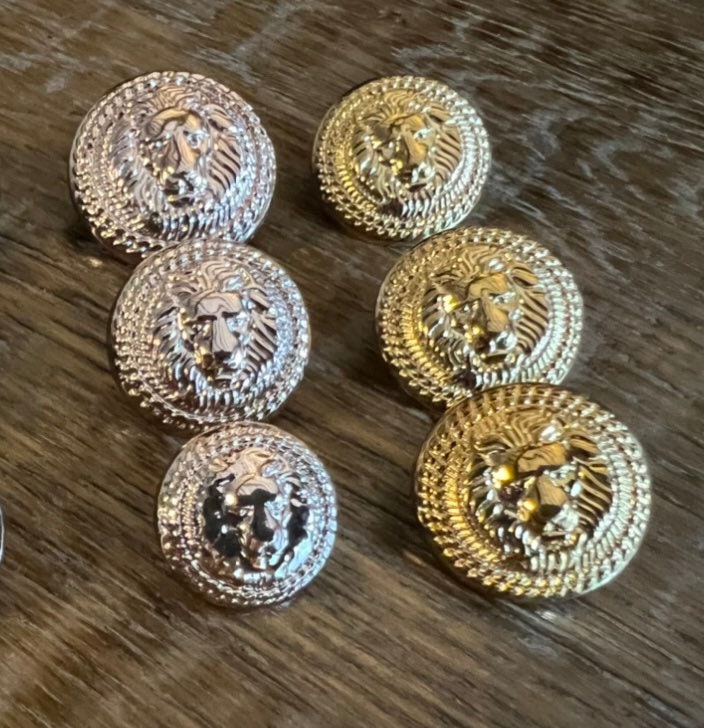 6pcs, Lion Head Buttons, Plastic, Metal, 25mm, 21mm, 18mm, Gold, Antique Silver, Champagne, Lion head shank buttons