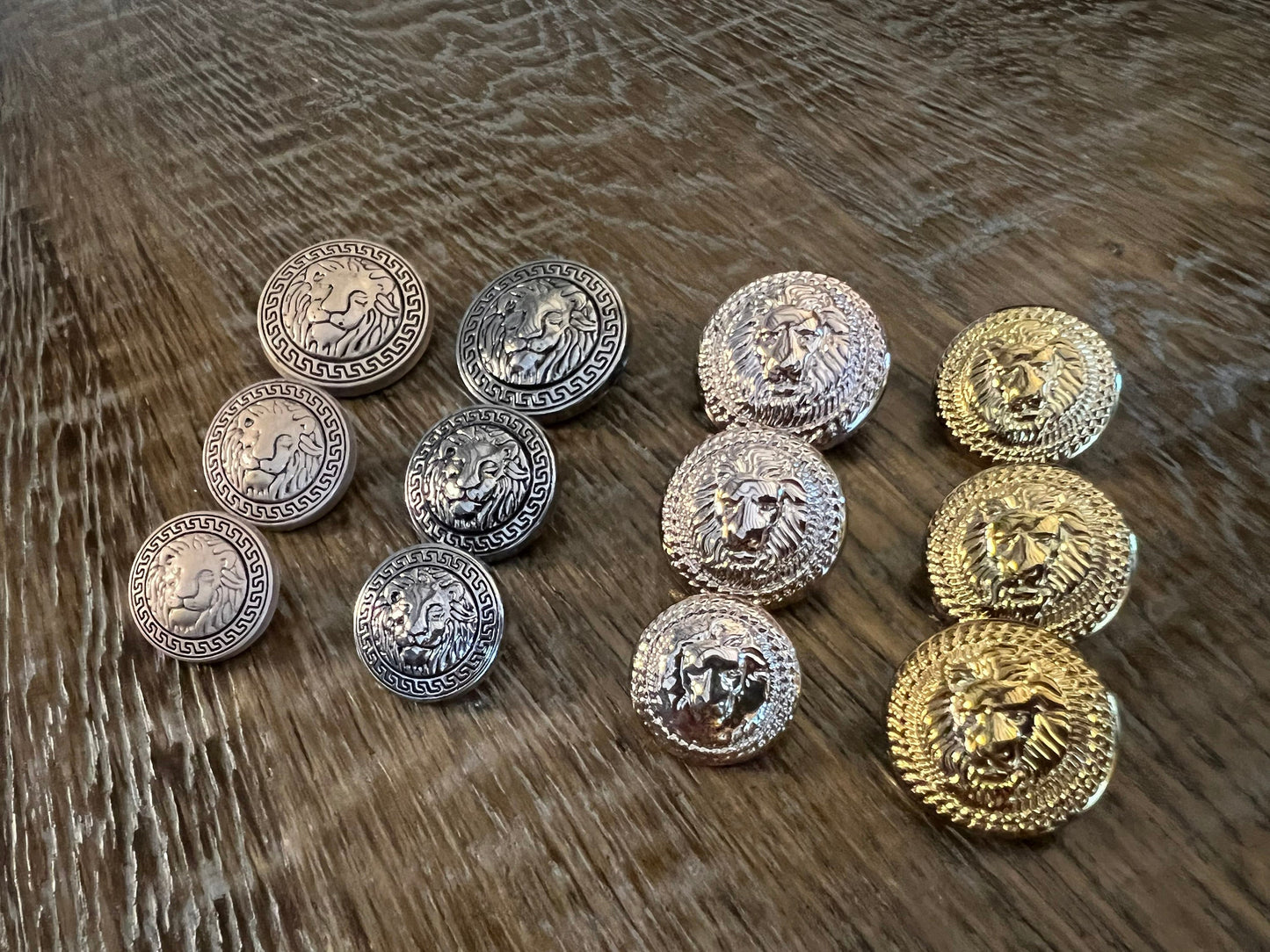 6pcs, Lion Head Buttons, Plastic, Metal, 25mm, 21mm, 18mm, Gold, Antique Silver, Champagne, Lion head shank buttons