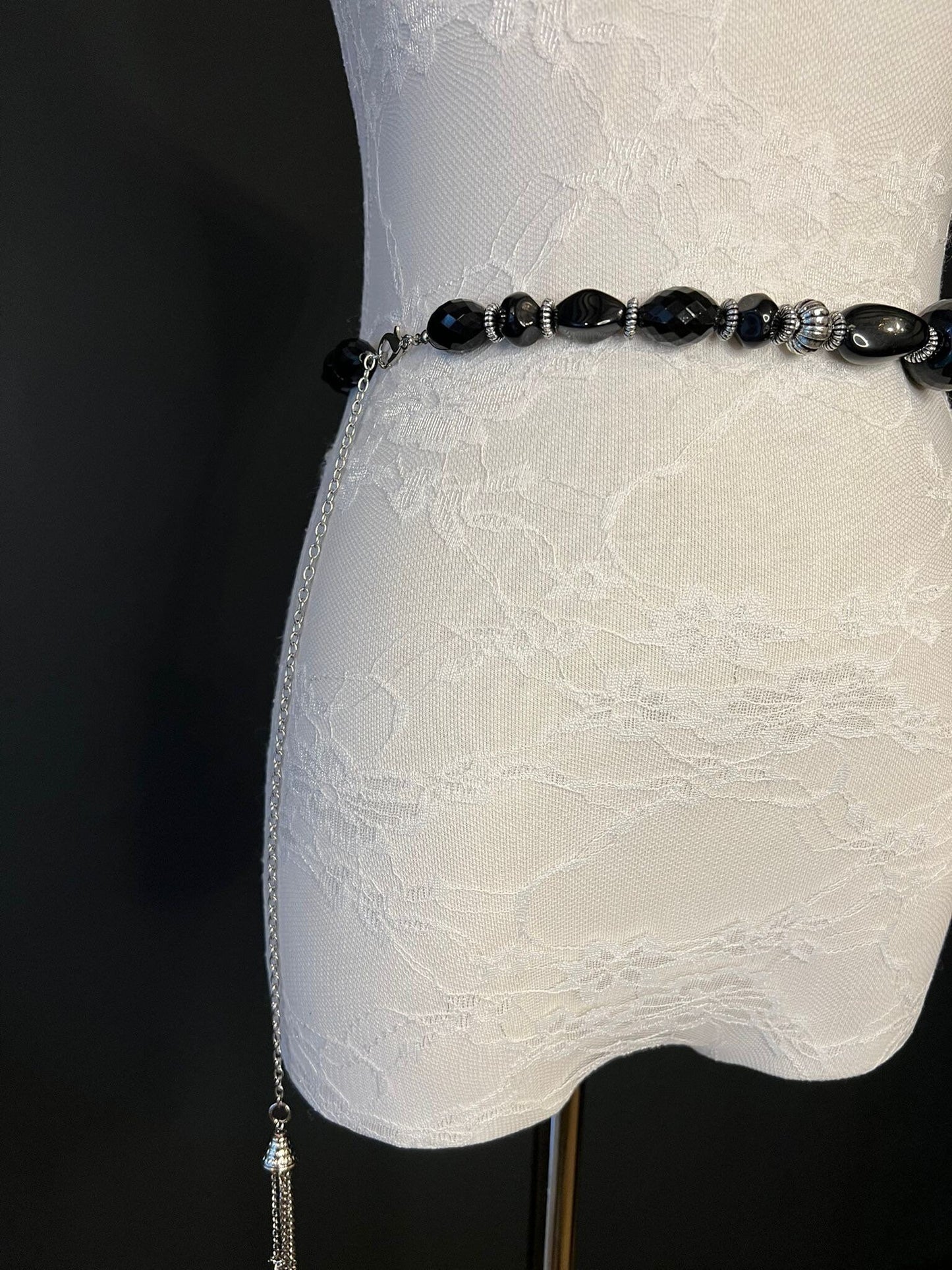 X-long Chain Belt, Beaded Belt, Black Beads, Silver Beads, Fashionable Belt