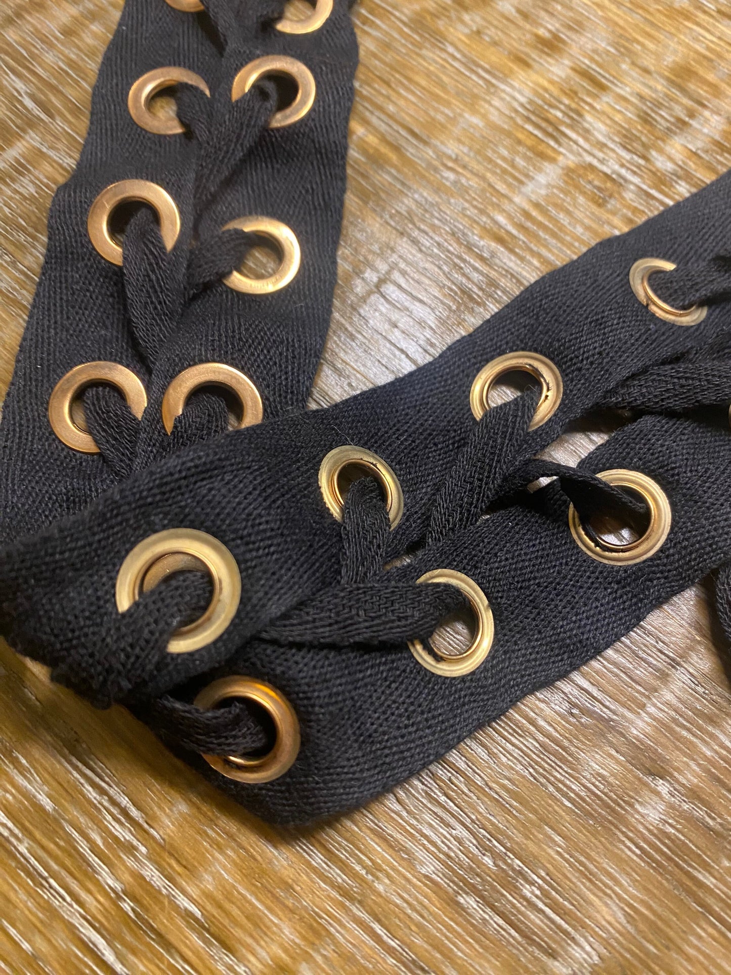 Black Cotton Eyelet Tape with Cord, 1" Wide, Gold Eyelets