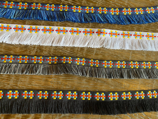 Fringe, Knitted Tape Fringe, Black, Blue, White, Grey