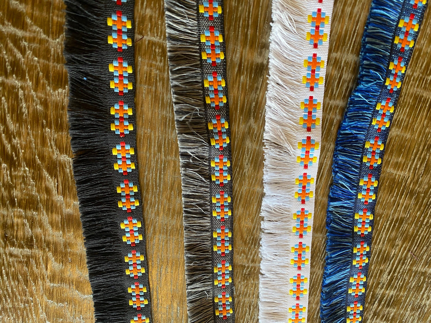 Fringe, Knitted Tape Fringe, Black, Blue, White, Grey