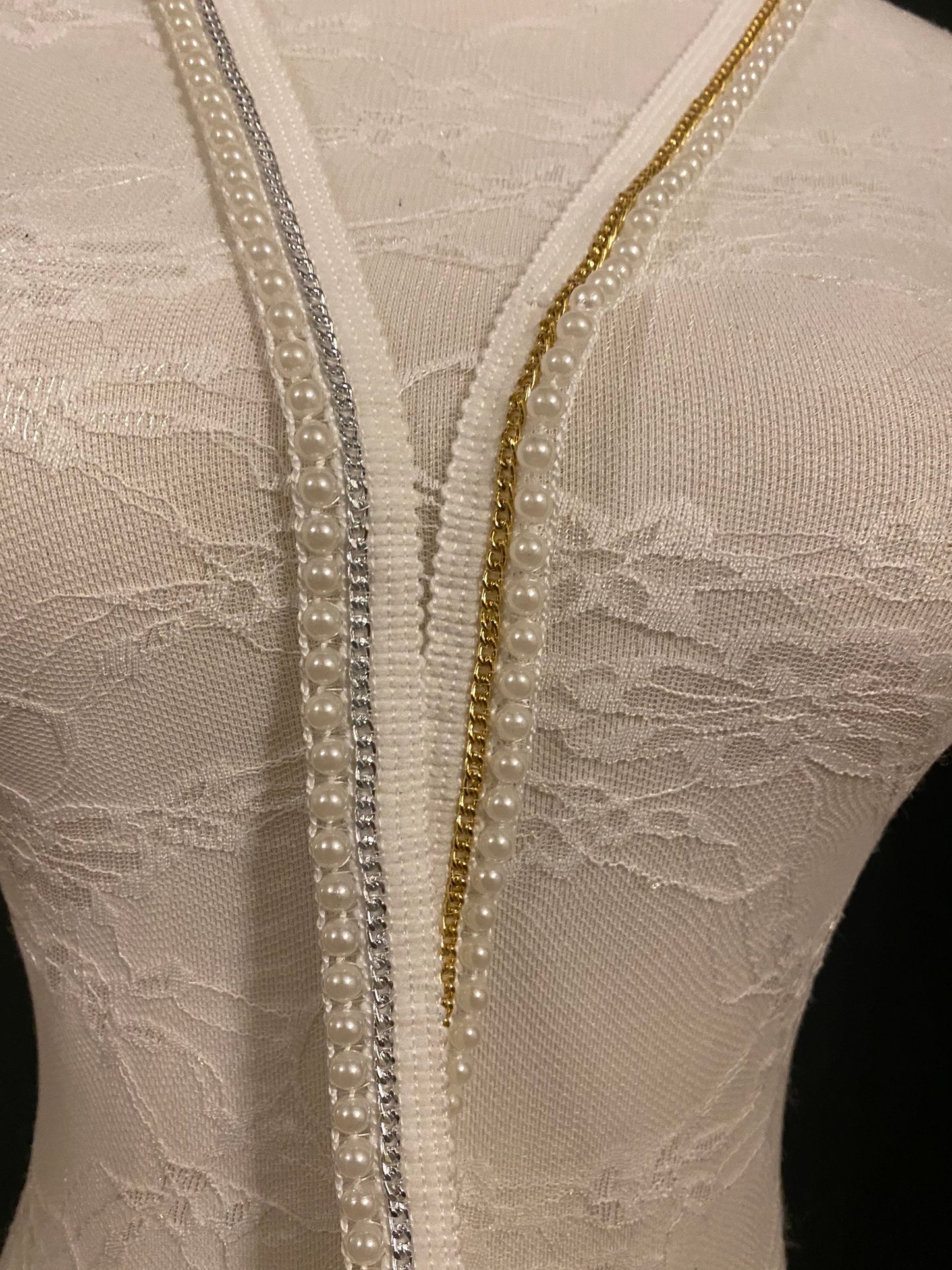 Handmade Ivory Woven Tape, Pearls and Chain Beaded Trim