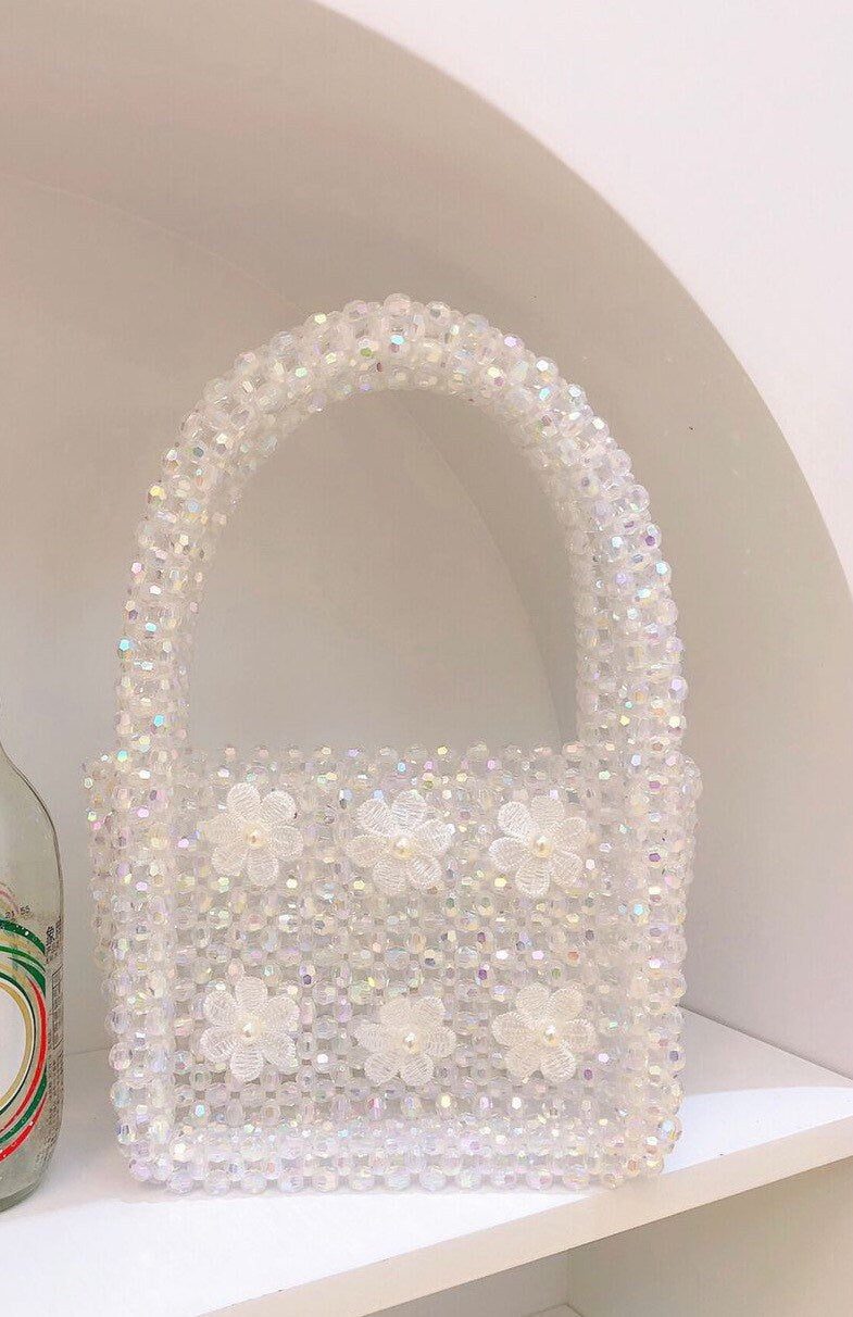 Crystal Bead Handbag, Handmade, Floral Detail, Green, Iridescent Clear Crystal, FAN Exclusive, FAN Accessories