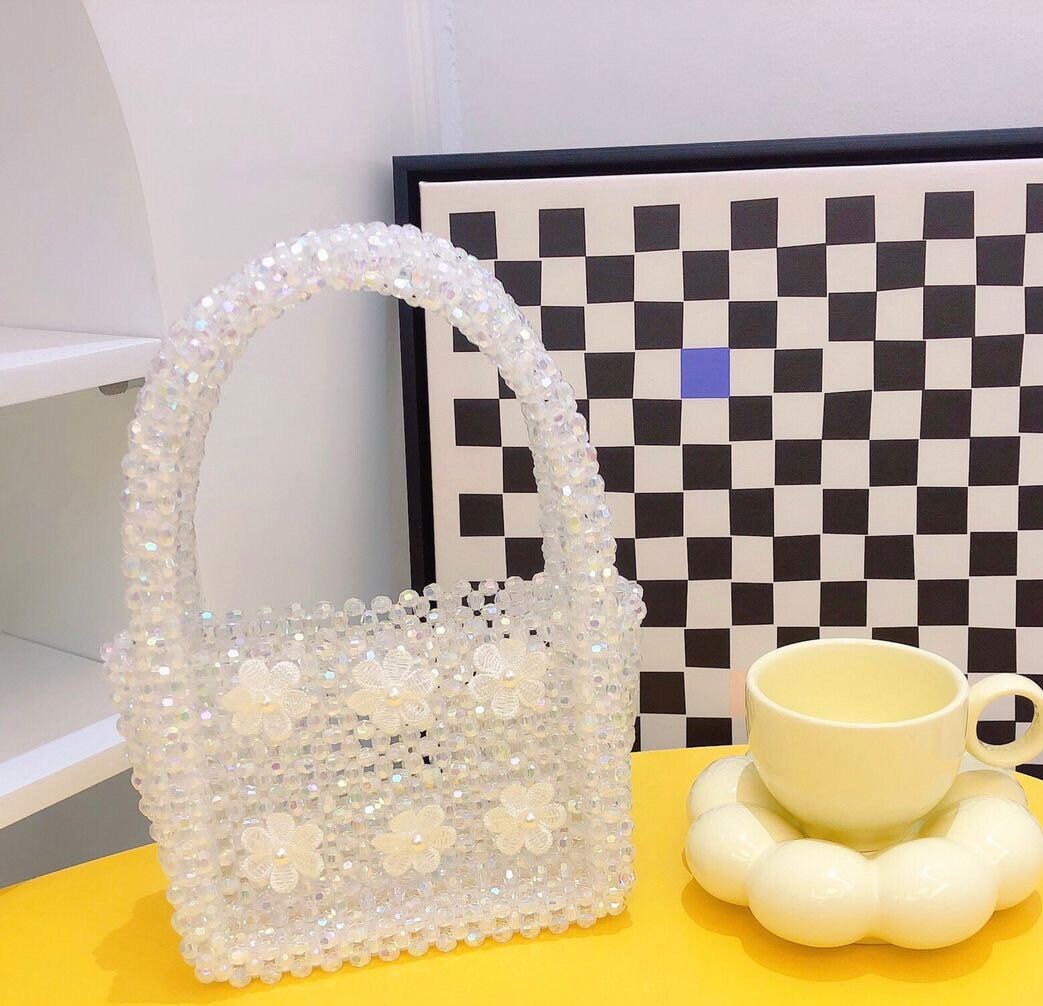 Crystal Bead Handbag, Handmade, Floral Detail, Green, Iridescent Clear Crystal, FAN Exclusive, FAN Accessories
