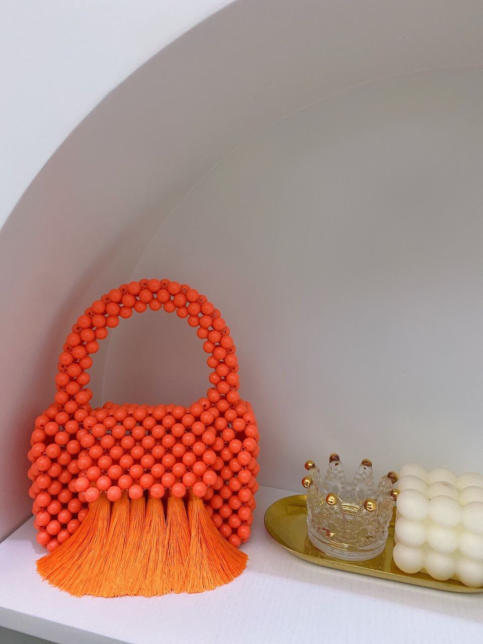 Crystal Bead Fringe Handbag, Purple Beads, Orange Beads, Handmade, Handbag, Fan Accessory Collection