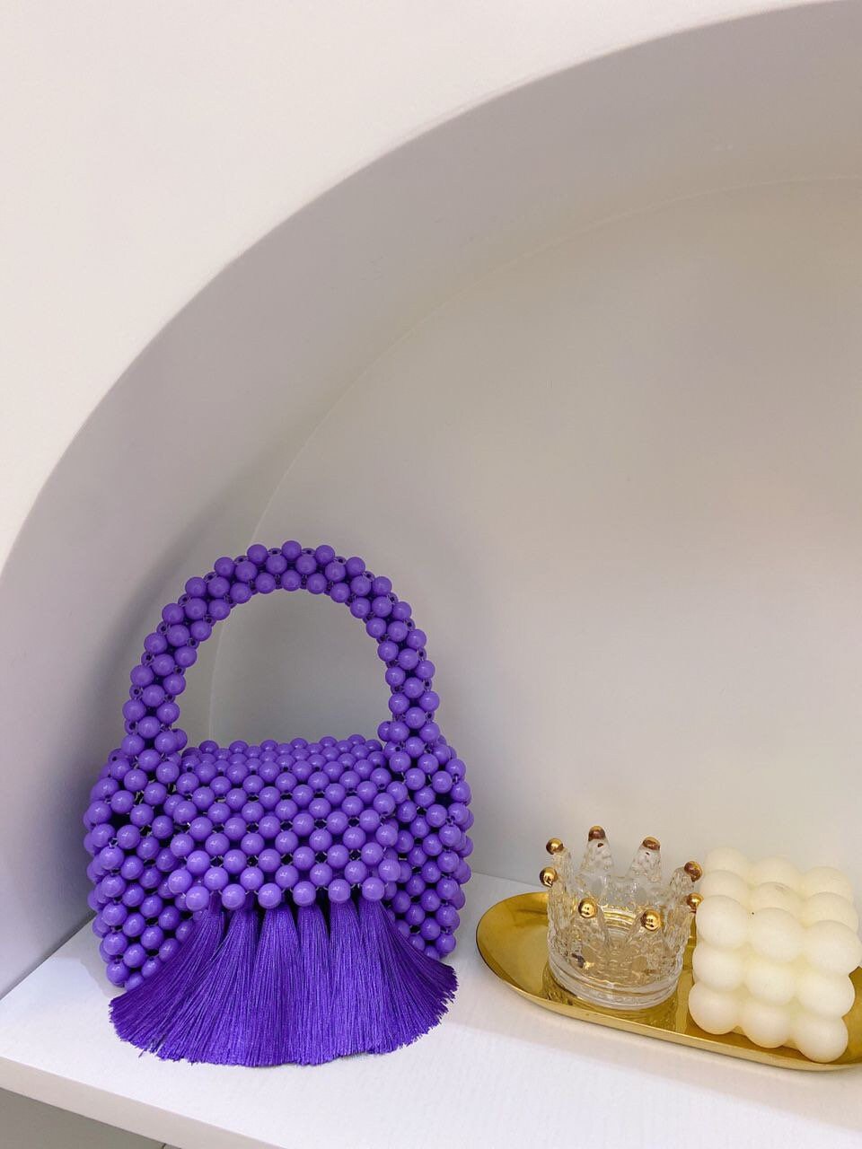 Crystal Bead Fringe Handbag, Purple Beads, Orange Beads, Handmade, Handbag, Fan Accessory Collection