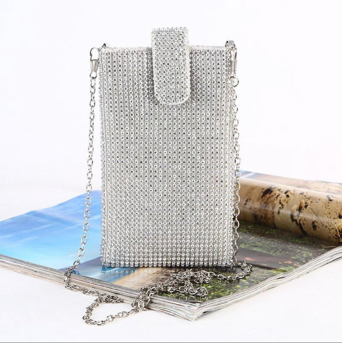 Rhinestone Diamanté Pouch, Phone Pouch, Accessory, Black, Silver, Gold