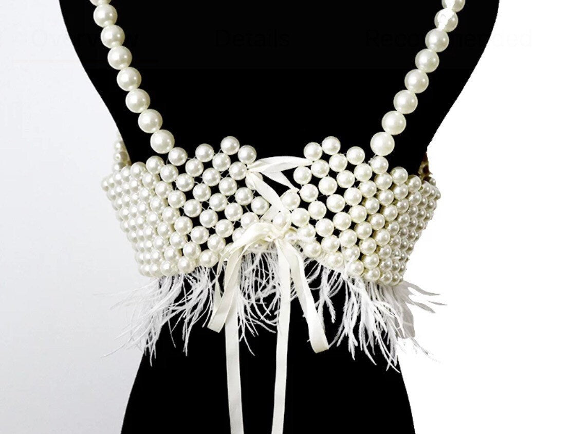 Pearl Vest Top, Pearl Body Chain, Luxurious Pearls, Feather Detail, UK 6-12, FAN Fashion Collections, 2024 Fashion