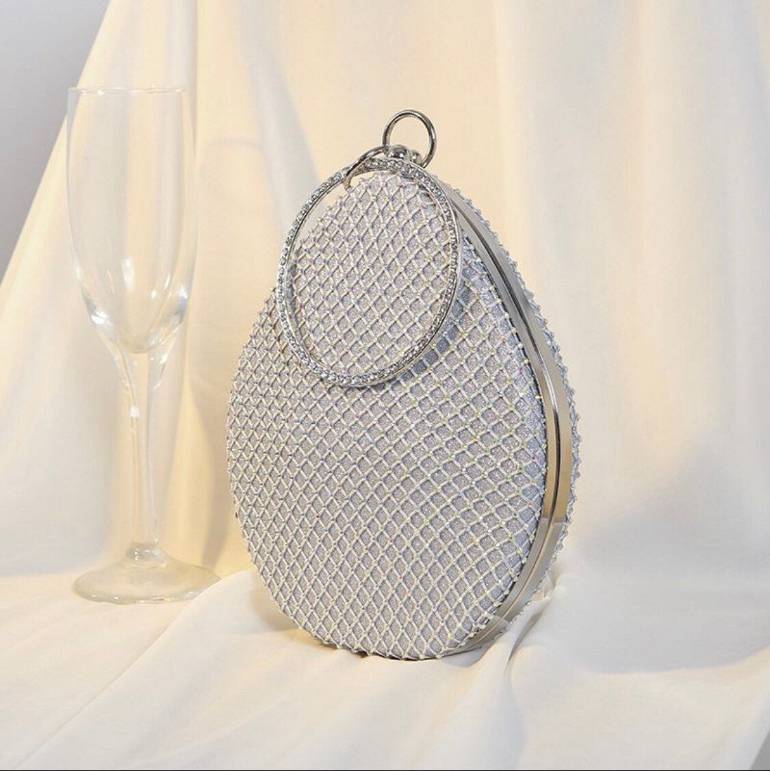 Diamanté Handbag, Evening Handbag, Fashionable Handbag, Silver, Gold, Black, Rhinestone Ring Handle